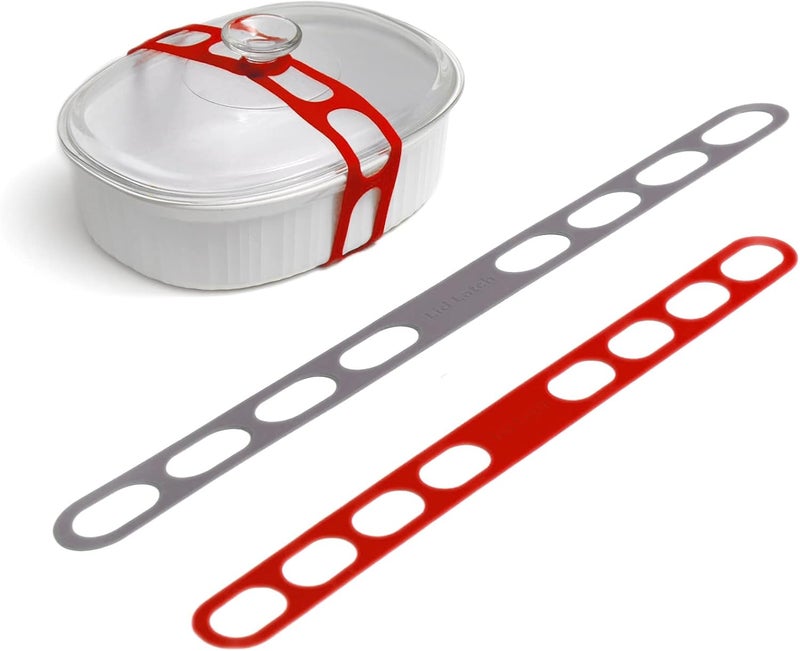 mella Lid Latch the reusable universal lid securing strap for crockpots, casserole dishes, pots, pans and more. Make it easy to transport your favorite dishes with one simple strap. - Image 1